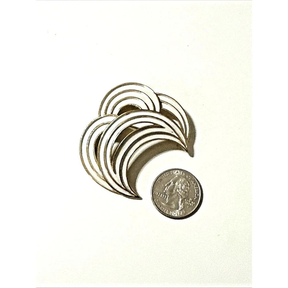 Vintage CROWN TRIFARI White Enamel Wave Brooch Crescent MCM Pin 2.25